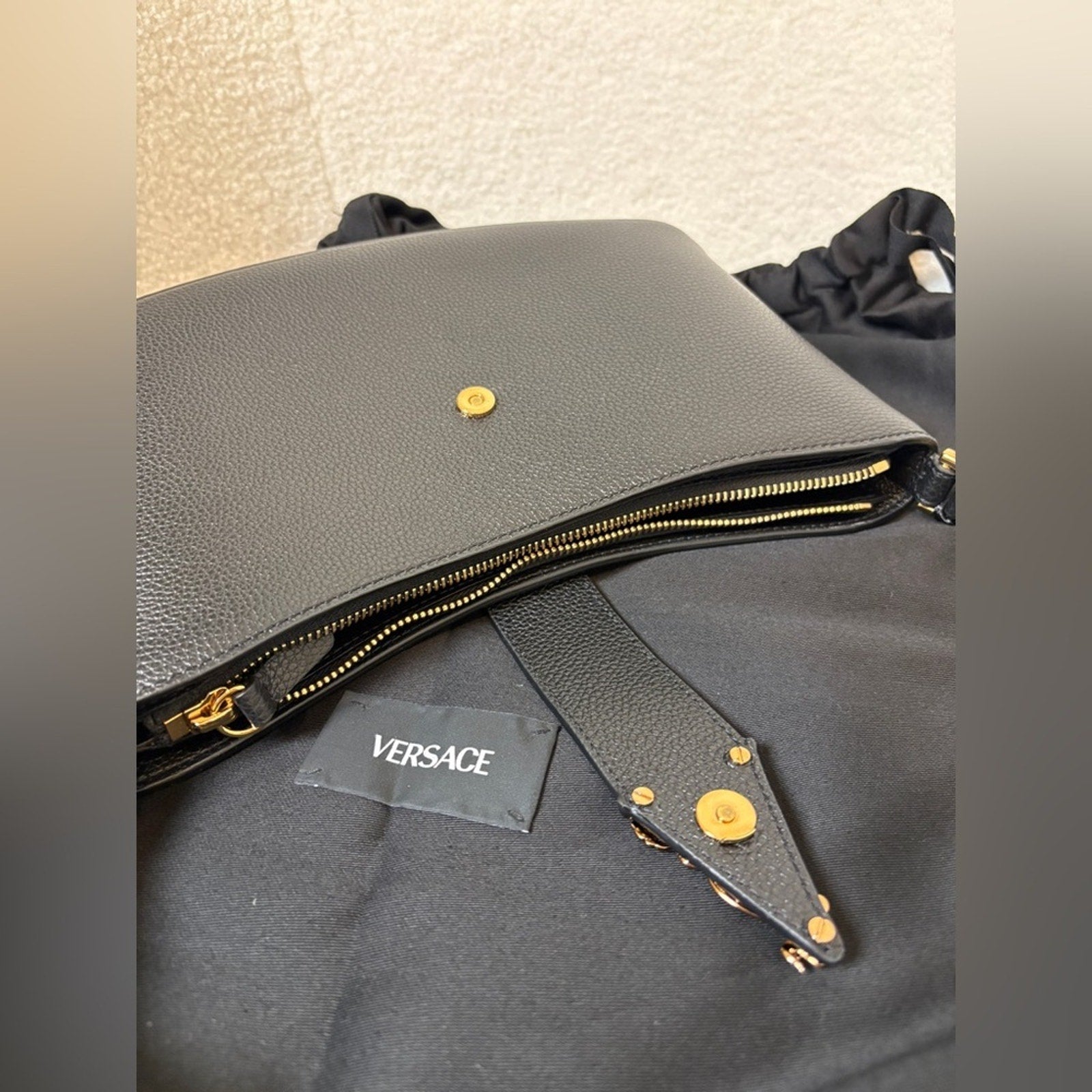 Versace Black Quilted Clutch with Gold Medallion