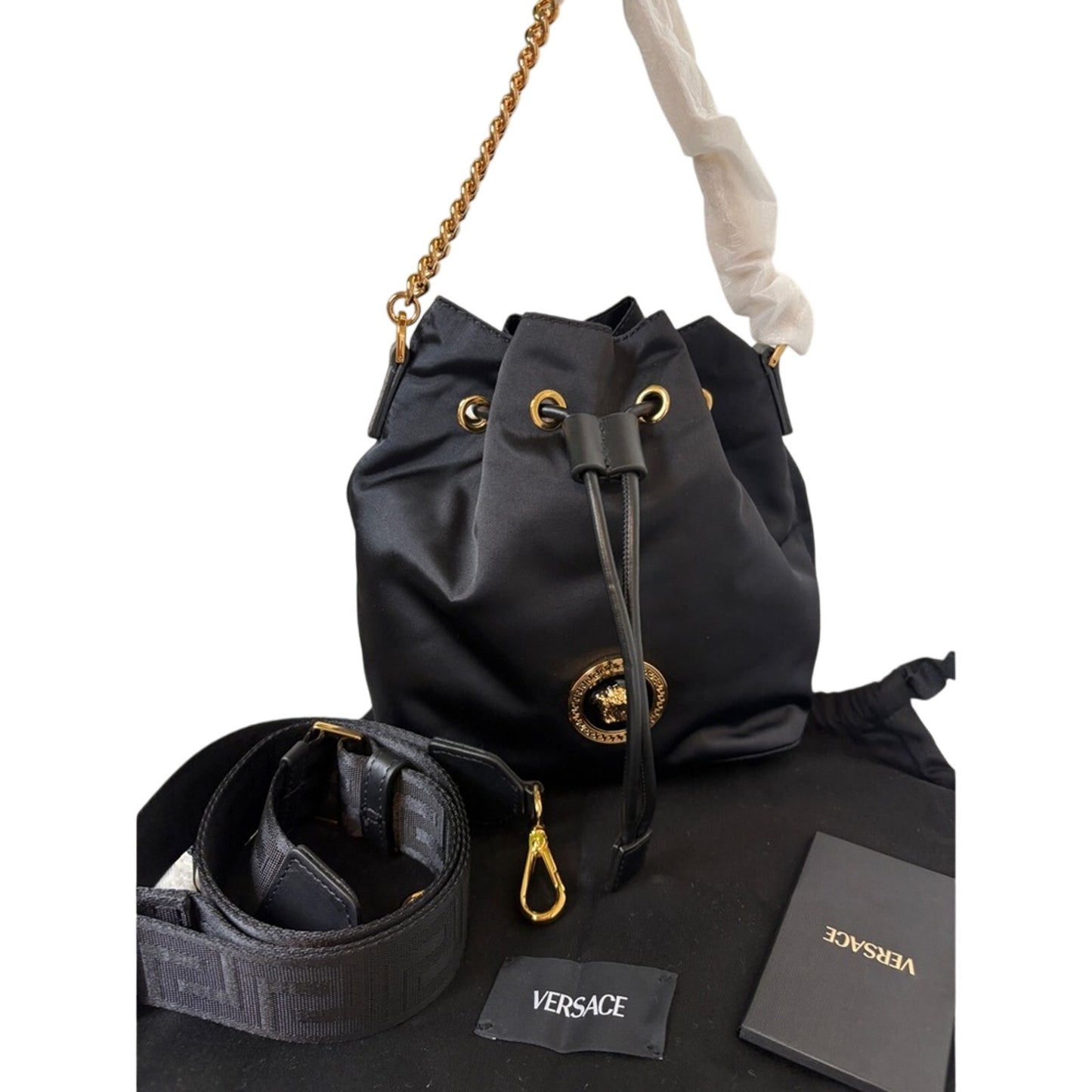 Versace Medusa Black and Gold bucket bag