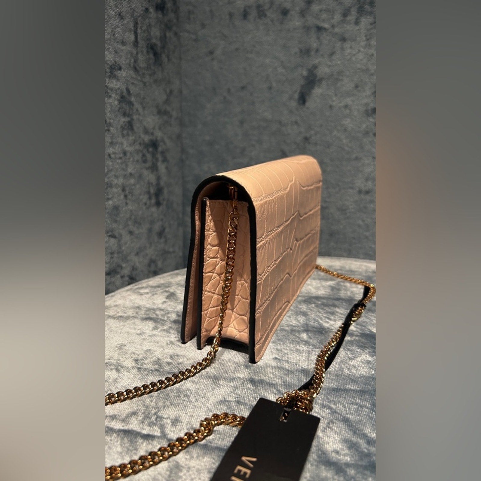 Versace Mini Chain Crossbody Croc Calf Leather Soft Pink-Gold NWT