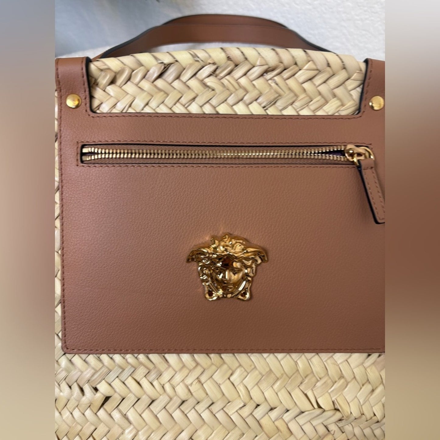 Versace Medusa straw Tan and Brown Tote Bag brown