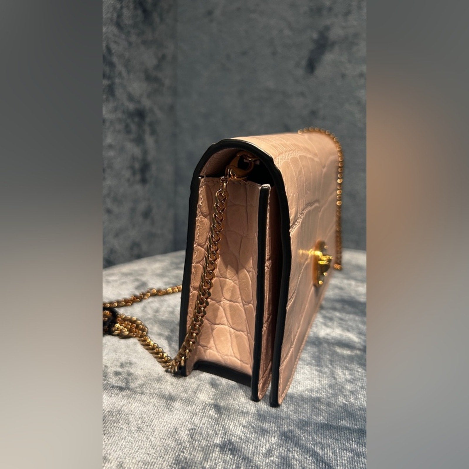 Versace Mini Chain Crossbody Croc Calf Leather Soft Pink-Gold NWT