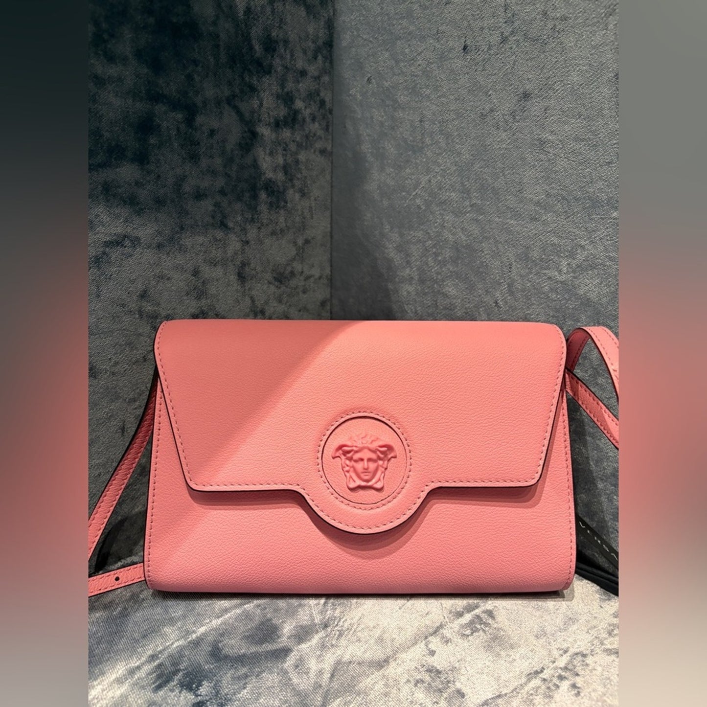 Versace Pink Leather Clutch/ crossbody with Medusa Logo