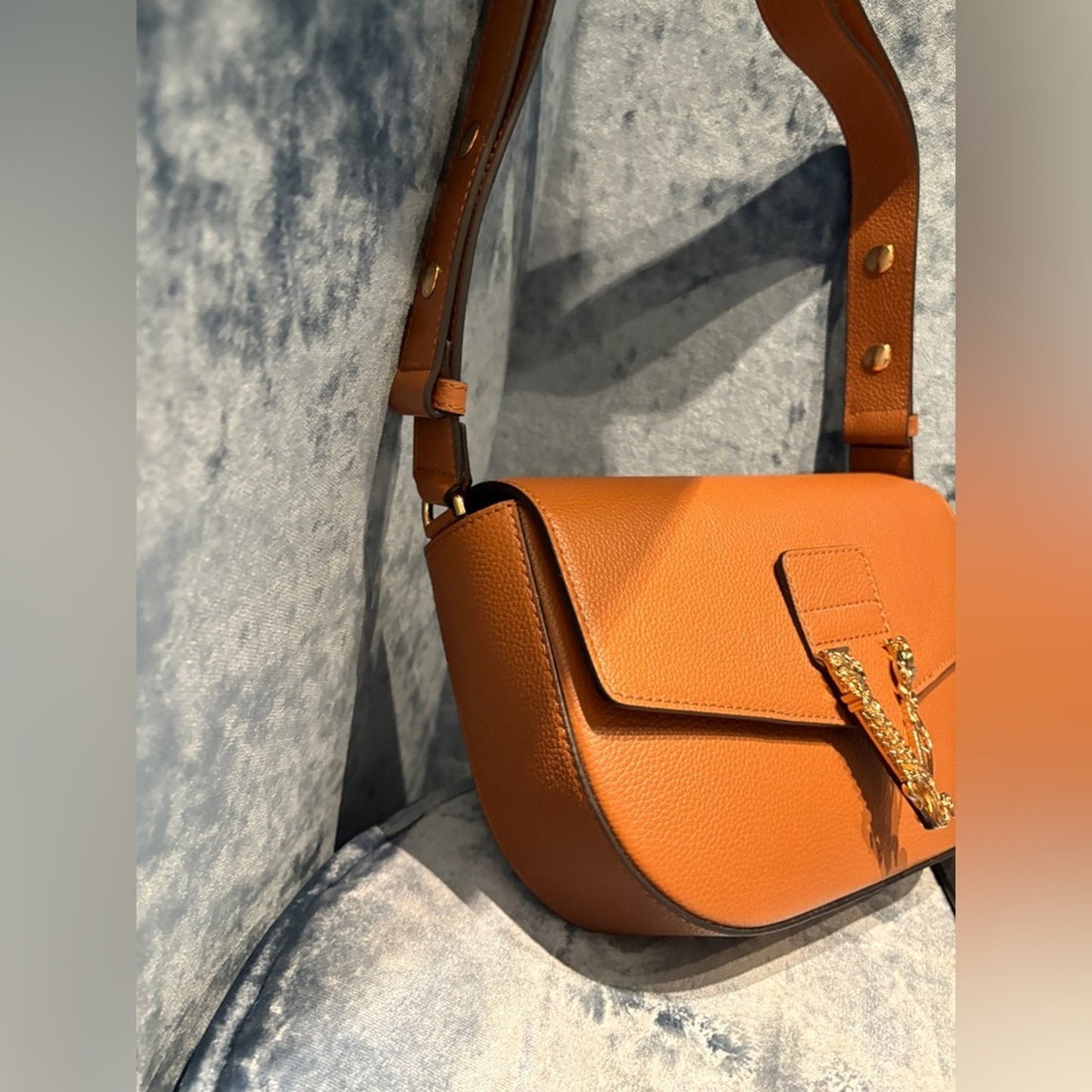 Versace Tan Leather Virtus shoulder bag