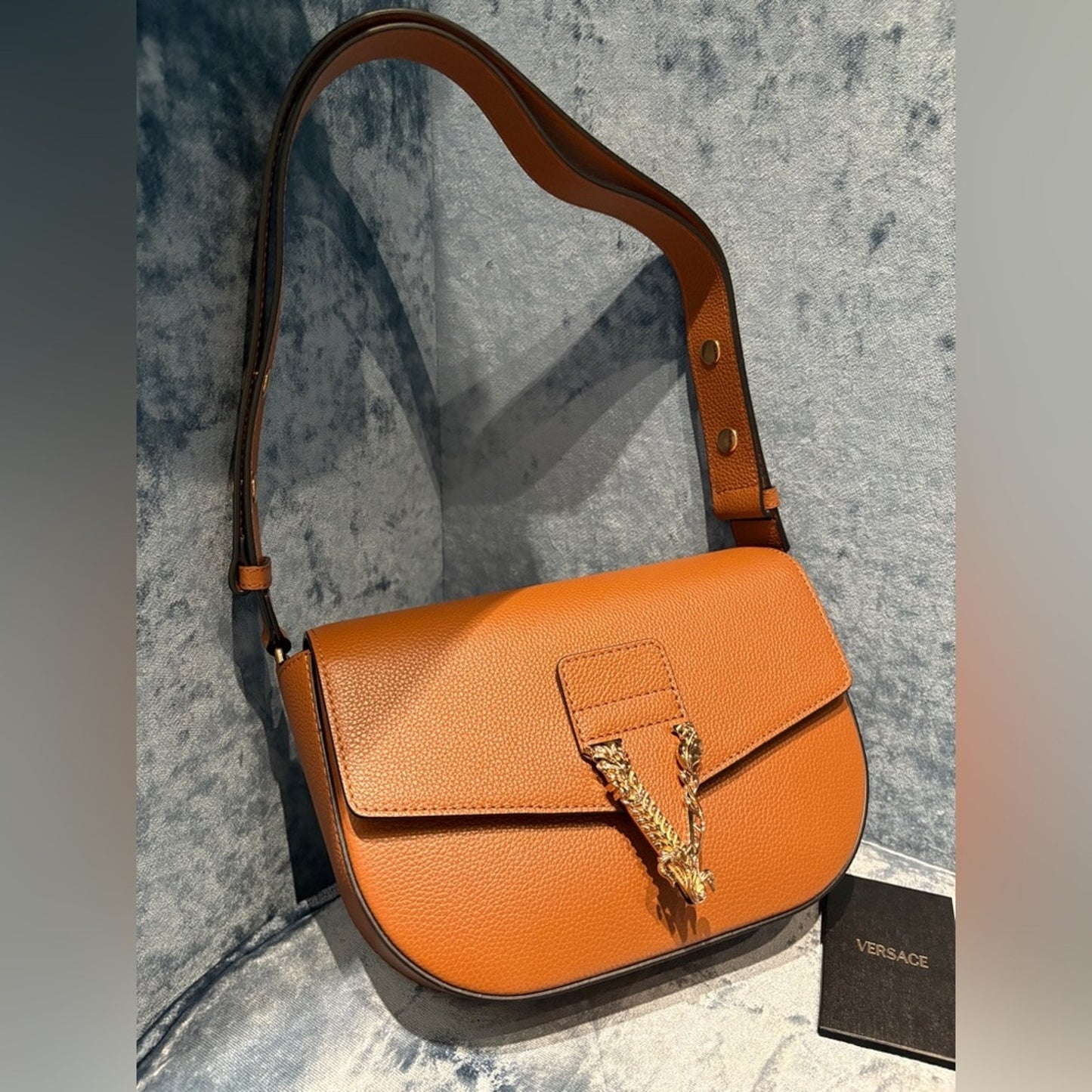 Versace Tan Leather Virtus shoulder bag