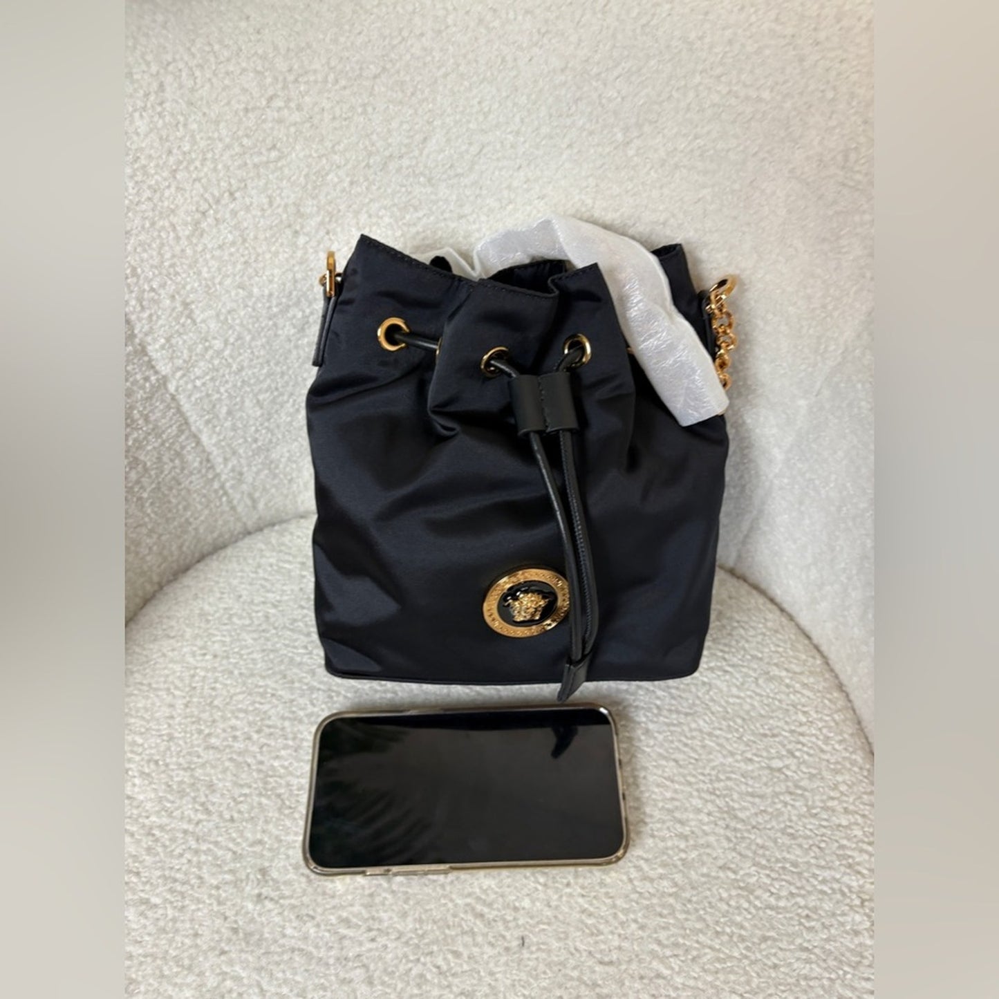 Versace Medusa Black and Gold bucket bag