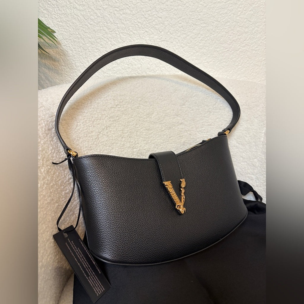 Versace Black Quilted Clutch with Gold Medallion