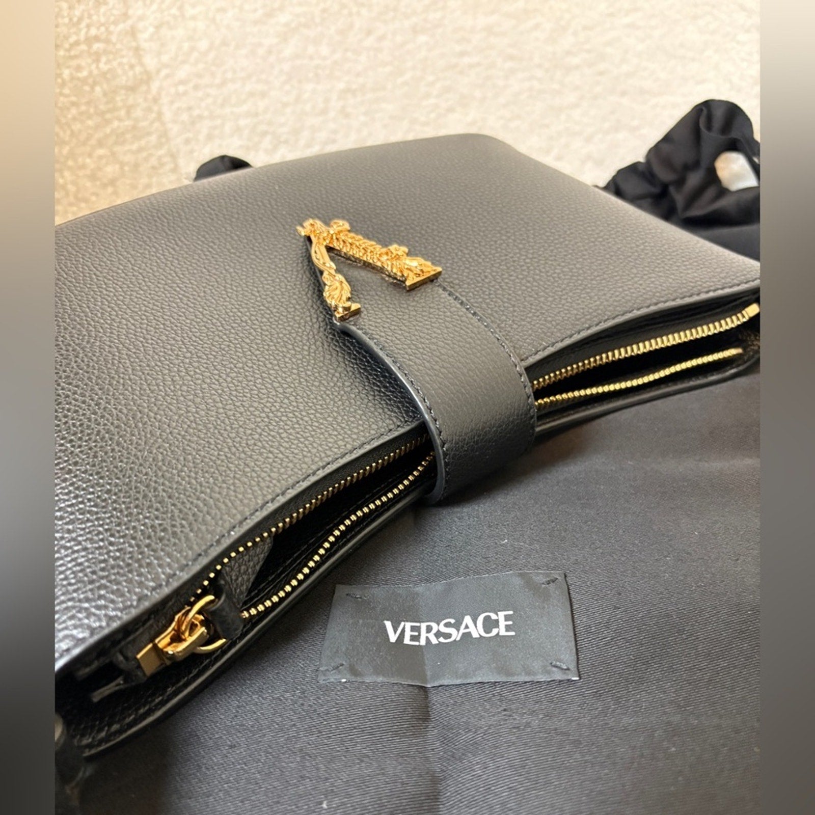 Versace Black Quilted Clutch with Gold Medallion