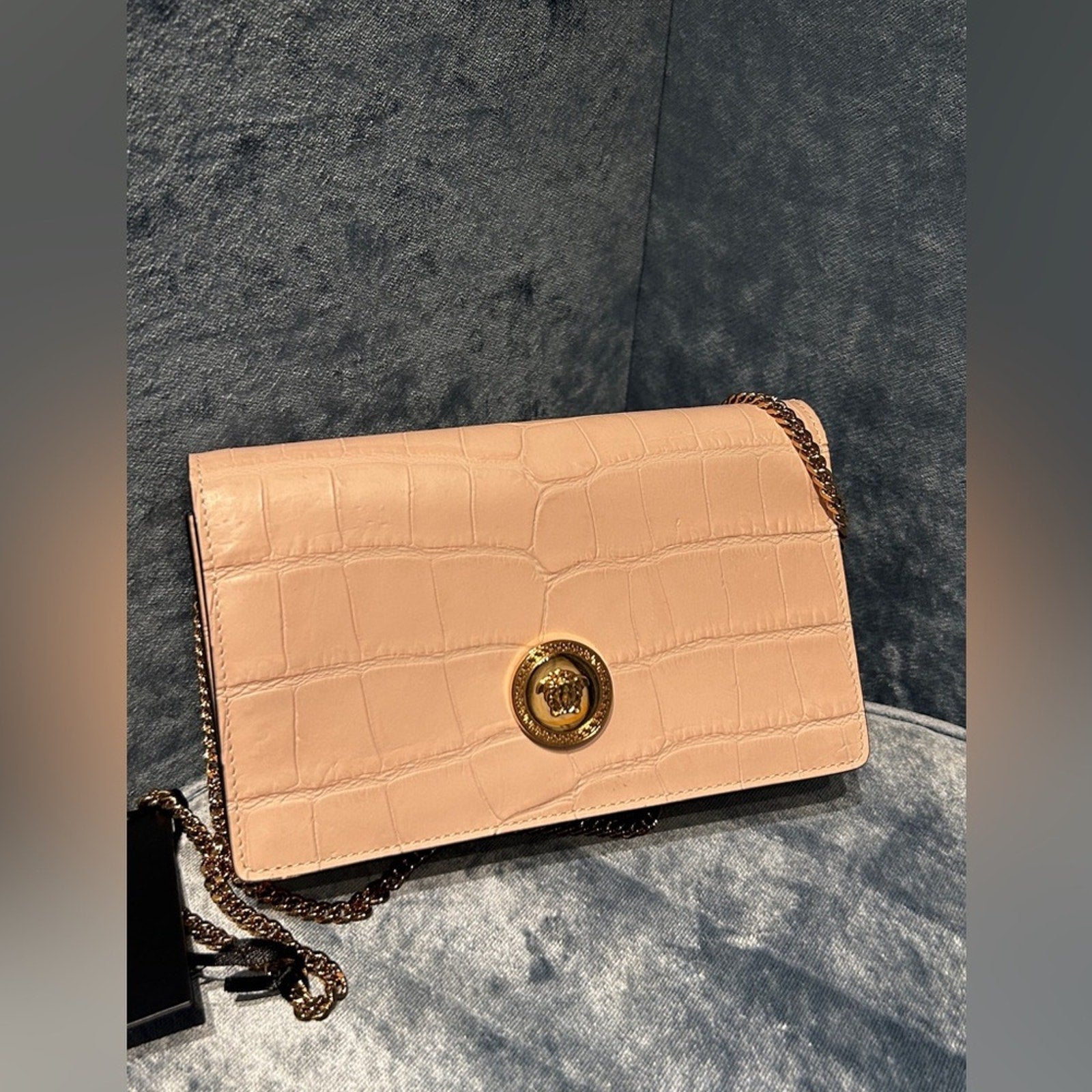 Versace Mini Chain Crossbody Croc Calf Leather Soft Pink-Gold NWT
