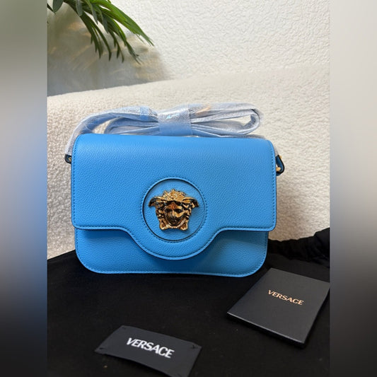 Versace Small La Medusa Shoulder Bag In Blue