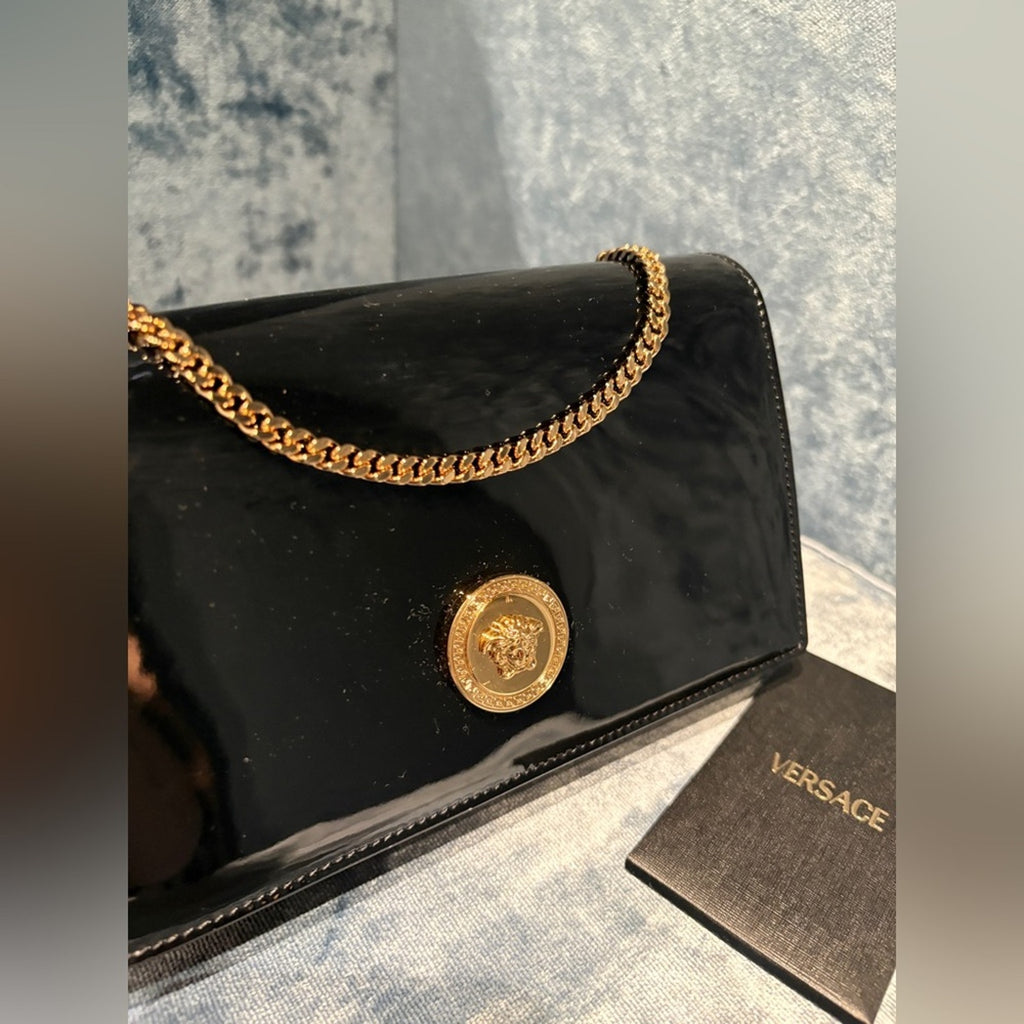 Versace Black and Gold Medusa patent leather Women's Bag NWT