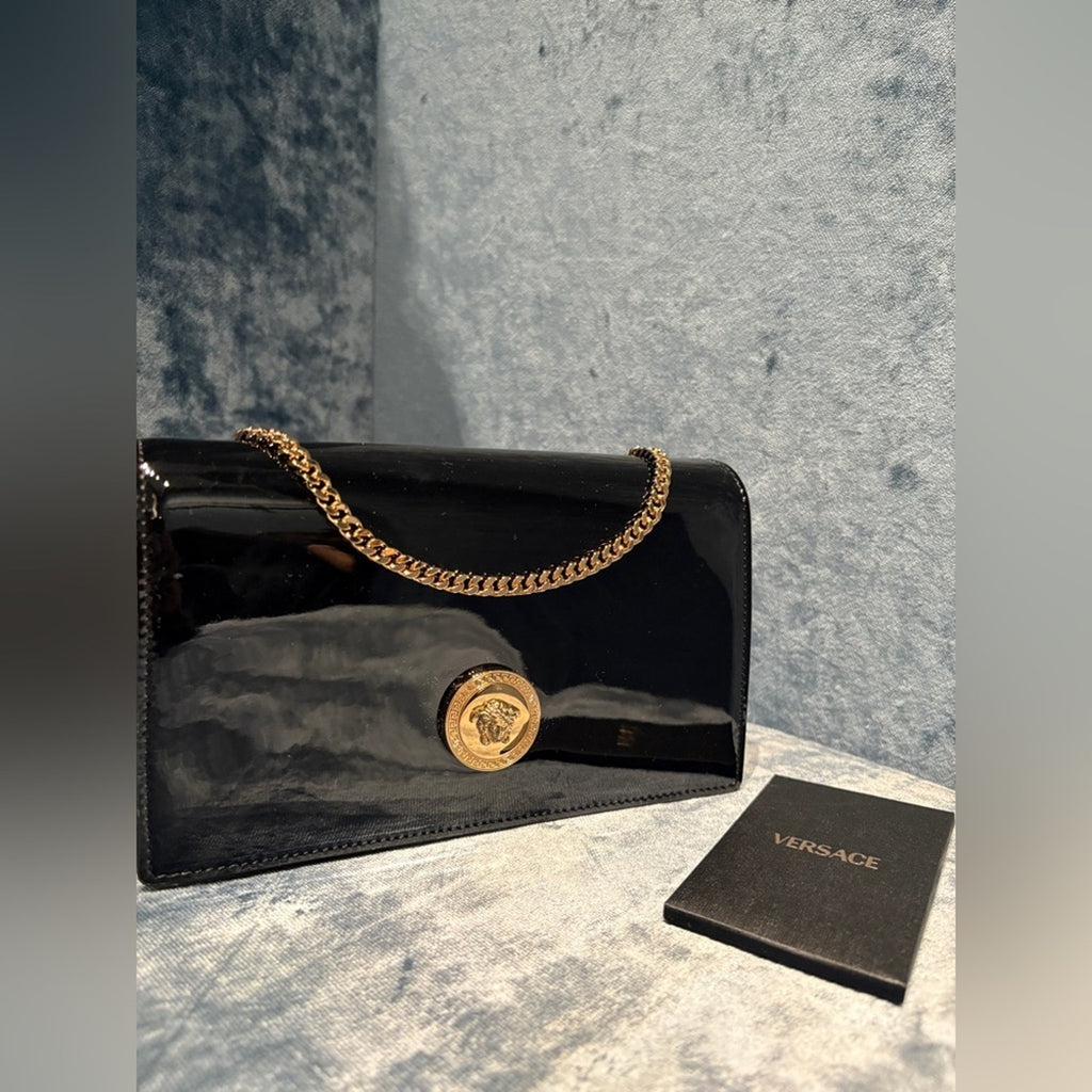 Versace Black and Gold Medusa patent leather Women's Bag NWT
