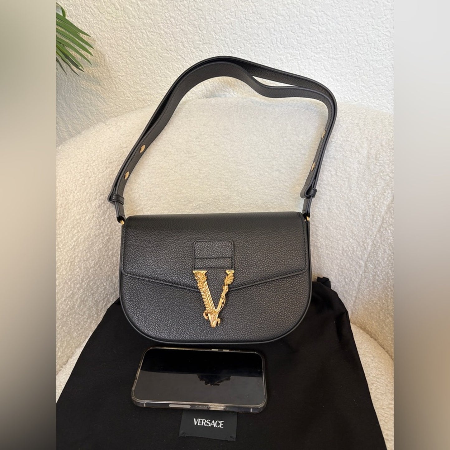 Versace Virtus Black Leather Shoulder Bag/crossbody bag  NWT